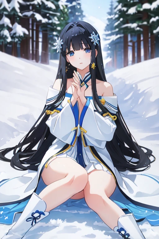 nsfw、、1 girl、Black Hair、Long Hair、solo、Straight bangs、Snowflake Hair Ornament、Yellow x Hair Accessory、Iris、blue eyes、Off the shoulder、、Semi-transparent sparkling overlay、、Black footwear、boots、Outdoor、Day、Exquisite visuals、High Definition、masterpiece、highest quality、Exquisite visuals、High Definition、masterpiece、highest quality、18-year-old、young woman、Beautiful fingers、Beautiful long legs、Beautiful body、Beautiful character design、