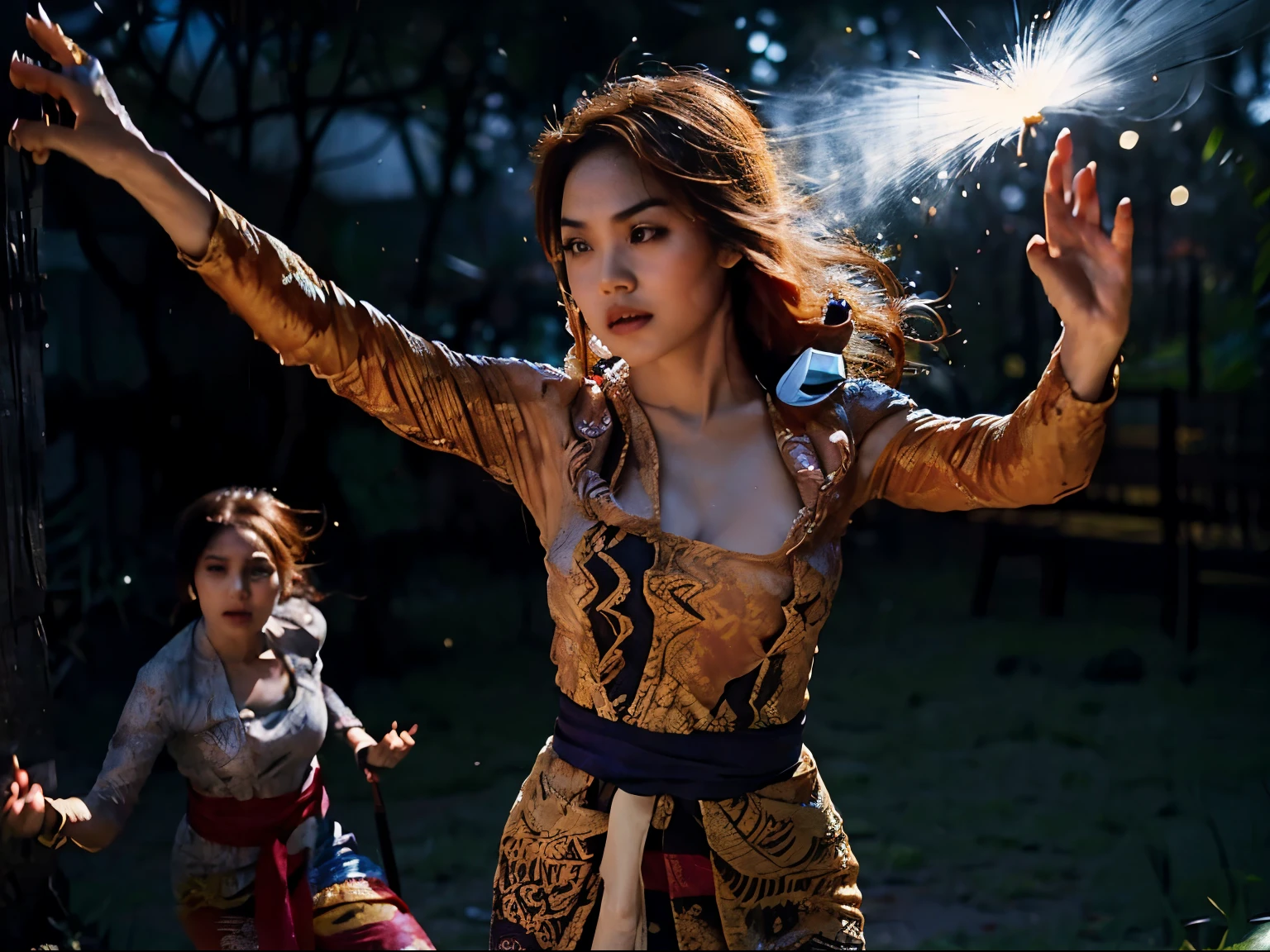 2 hero/nude female warriors/nude Malays wearing hijabs and 1 old, wrinkled old man naked in a fight scene, batik & songket costumes, silat action, dark night background, lots of smoke effects below, 28mm lens, shooting, muted color gradations, effects cinematography cinematography, thriller scenes, action mood,