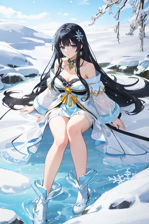 nsfw、、1 girl、Black Hair、Long Hair、solo、Straight bangs、Snowflake Hair Ornament、Yellow x Hair Accessory、Iris、blue eyes、Off the shoulder、、Semi-transparent sparkling overlay、、Black footwear、boots、Outdoor、Day、Exquisite visuals、High Definition、masterpiece、highest quality、Exquisite visuals、High Definition、masterpiece、highest quality、18-year-old、young woman、Beautiful fingers、Beautiful long legs、Beautiful body、Beautiful character design、