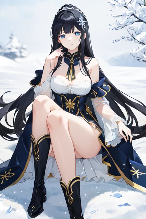 nsfw、、1 girl、Black Hair、Long Hair、solo、Straight bangs、Snowflake Hair Ornament、Yellow x Hair Accessory、Iris、blue eyes、Off the shoulder、、Semi-transparent sparkling overlay、、Black footwear、boots、Outdoor、Day、Exquisite visuals、High Definition、masterpiece、highest quality、Exquisite visuals、High Definition、masterpiece、highest quality、18-year-old、young woman、Beautiful fingers、Beautiful long legs、Beautiful body、Beautiful character design、
