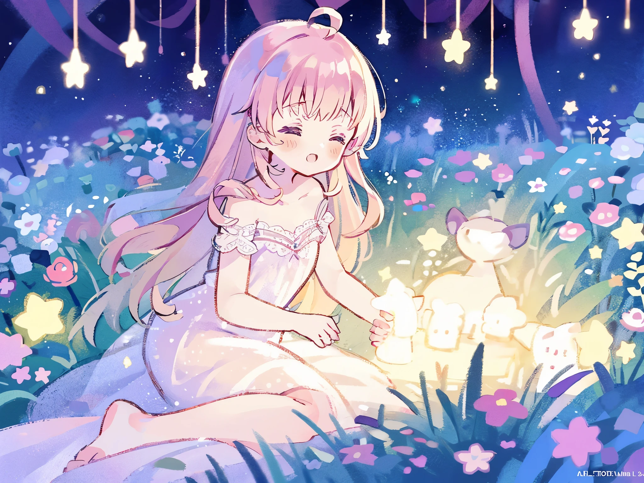 complex background, wishing star background, a woman wearing an ethereal mystical pink translucent dress that reflects the stars, perfume promo art, mystic, complex drawing, highly detailed, Covergirl brand, promo art, artistic rendition, ethereal, starry night, midjourney style, flowers, plants, magical star garden