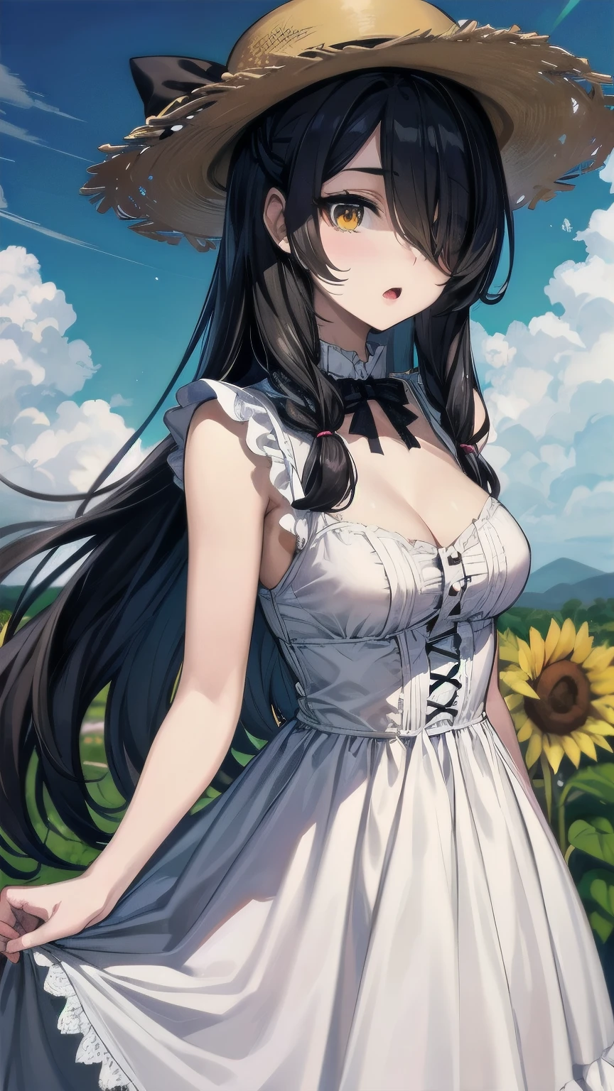 (masterpiece), best quality, expressive eyes, perfect face, ta fashion, gothic lolimature female, medium breasts, Cleavage, long hair, (hair over one eye), very long hair, straight hair, black hair BREAK yellow eye BREAK white sundress BREAK standing, sunflower garden, cloudy sky, day time, :o, looking away