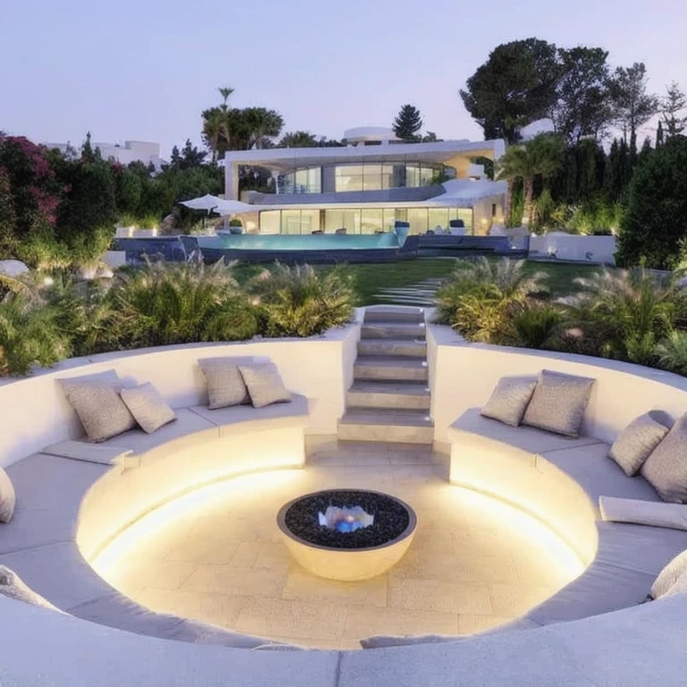 a close up of a circular seating area with a fire pit, conversation pit, outdoor design, magnificent design, incredible masterpiece, luxury lifestyle, futuristic setting, wonderful masterpiece, beautiful terrace, ultra modern, beautiful aesthetic design, luxury architecture, a stunning masterpiece, peaceful ambience, beautiful masterpiece, fire pit, modern design, stunning masterpiece, very beautiful and elegant, visually stunning