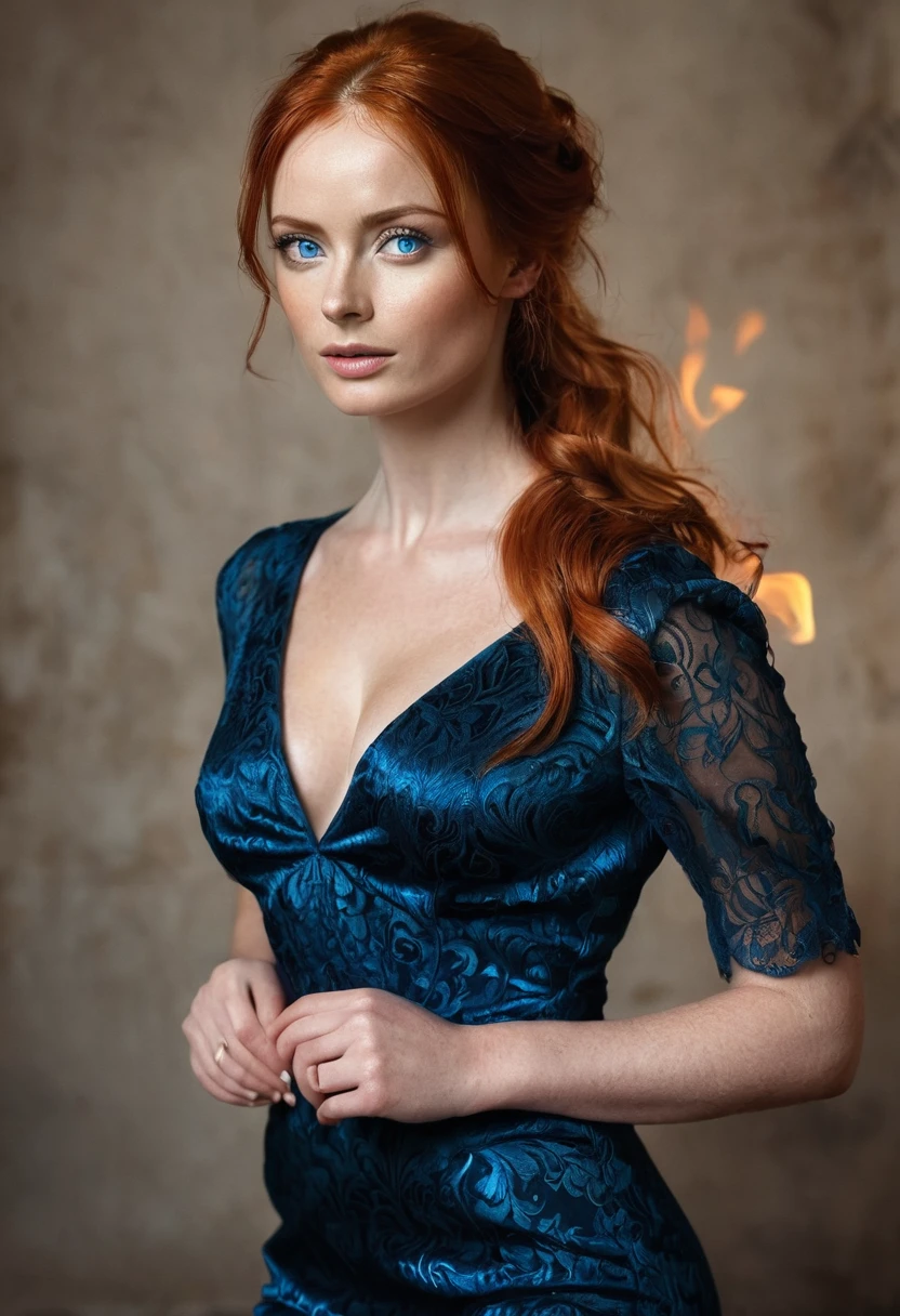 Female, Russian, spy, blue eyes,firey redhead, ,full body portrait,sexy,hot, seductive,formal yet sexy dress, masterpiece,