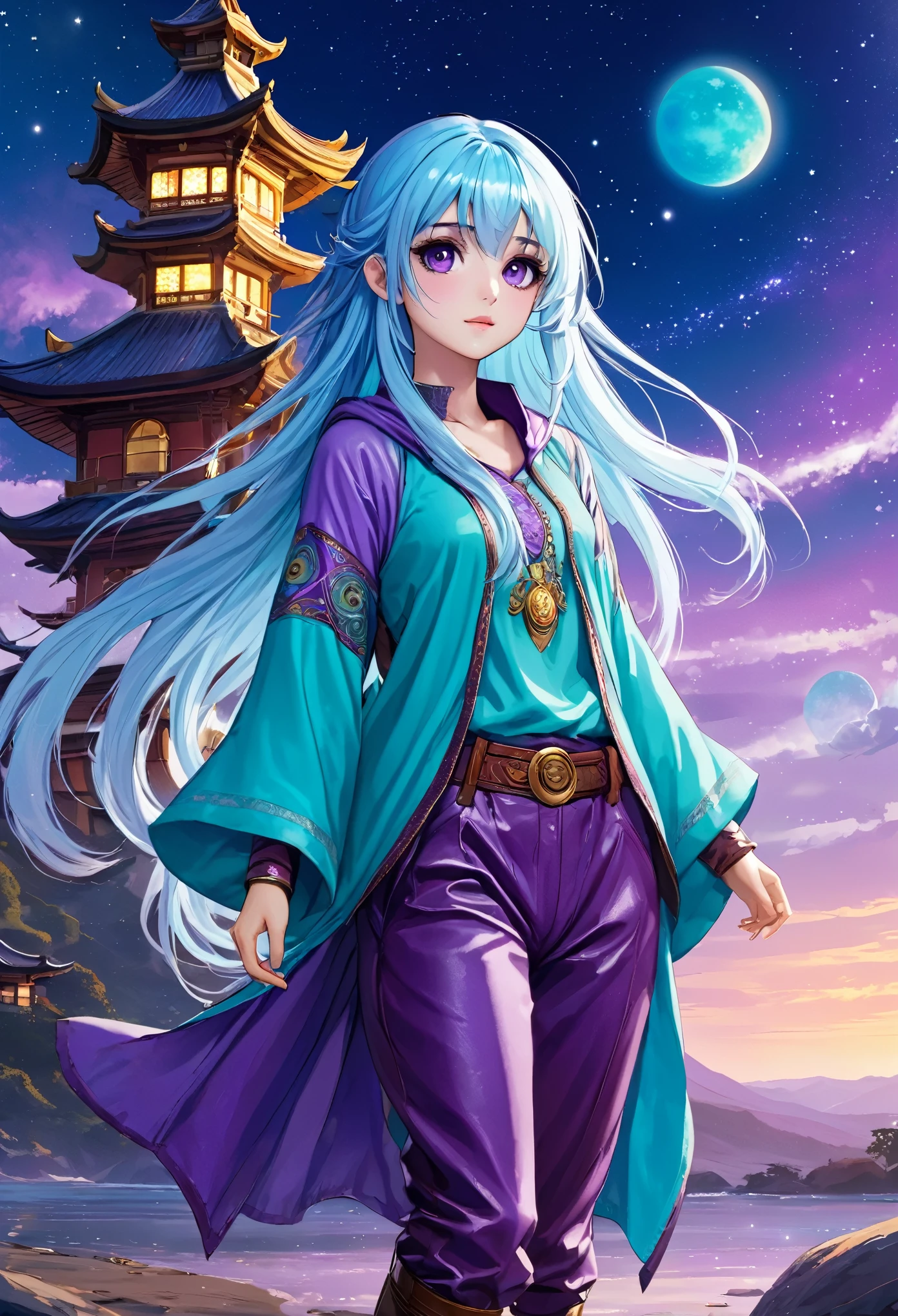 Masterpiece. High-resolution. 1girl about 20 years old. Pretty beautiful girl. Pretty big purple eyes. Delicate face. Beautiful face. (((Long light blue hair))). Straight hair. Messy hair. Hair bangs. Turquoise tunic. Purple tide pants. Leather boots. Himalaias background with (1pagode) and cosmic Sky.