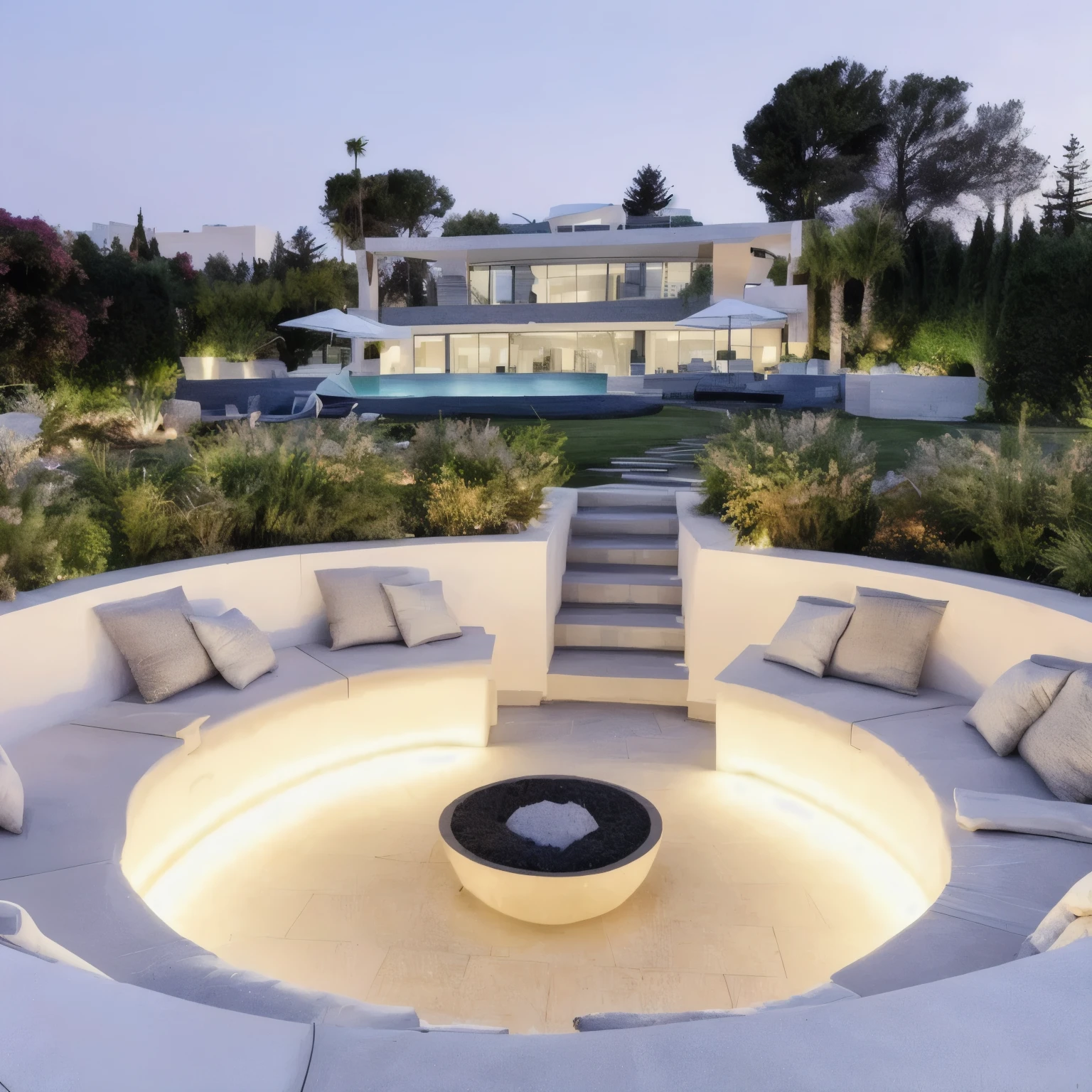 a close up of a circular seating area with a fire pit, conversation pit, outdoor design, magnificent design, incredible masterpiece, luxury lifestyle, futuristic setting, wonderful masterpiece, beautiful terrace, ultra modern, beautiful aesthetic design, luxury architecture, a stunning masterpiece, peaceful ambience, beautiful masterpiece, fire pit, modern design, stunning masterpiece, very beautiful and elegant, visually stunning