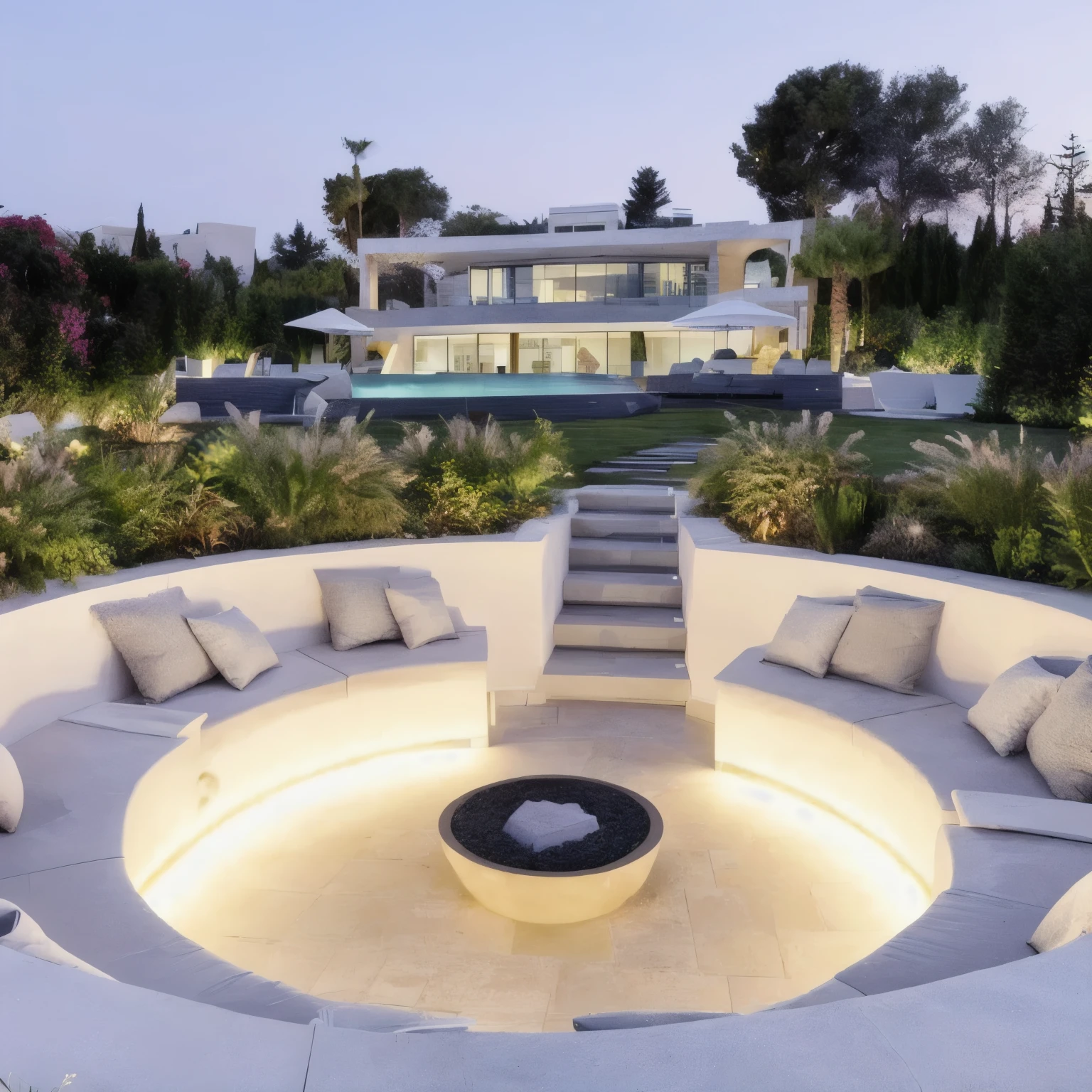 a close up of a circular seating area with a fire pit, conversation pit, outdoor design, magnificent design, incredible masterpiece, luxury lifestyle, futuristic setting, wonderful masterpiece, beautiful terrace, ultra modern, beautiful aesthetic design, luxury architecture, a stunning masterpiece, peaceful ambience, beautiful masterpiece, fire pit, modern design, stunning masterpiece, very beautiful and elegant, visually stunning