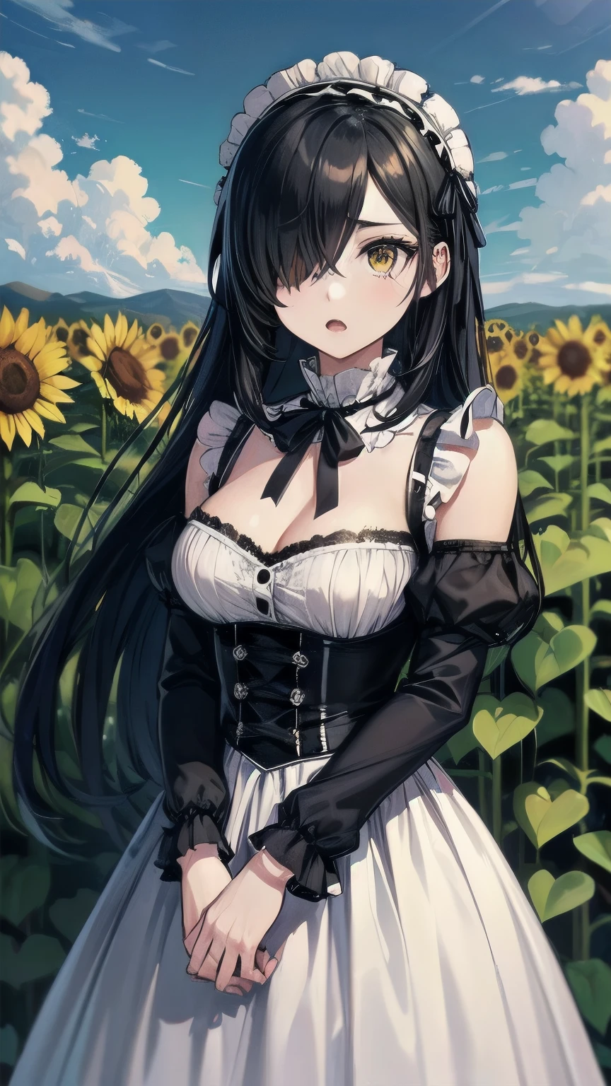 (masterpiece), best quality, expressive eyes, perfect face, lolita fashion, gothic lolita, mature female, medium breasts, Cleavage, long hair, (hair over one eye), very long hair, straight hair, black hair BREAK yellow eye BREAK white sundress BREAK standing, sunflower garden, cloudy sky, day time, :o, looking away
