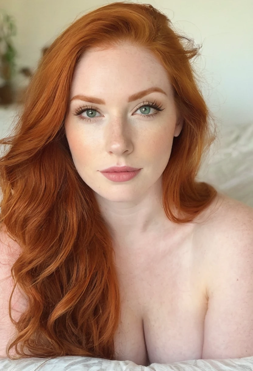 foto do instagram, Close-up headshot of the most beautiful redhead woman you know, Novo, Fission, pale skin, (sorrir:0.4), Sombras duras, melhor qualidade, work-πrhyme, ultra high resolution, (fotorealistisch:1.4), Foto RAW, 1Meninas, ((Novo)), ((peito grande)), luz fria, big booty, NSFW, posando na cama, gabar, mostrando as pernas, programa,