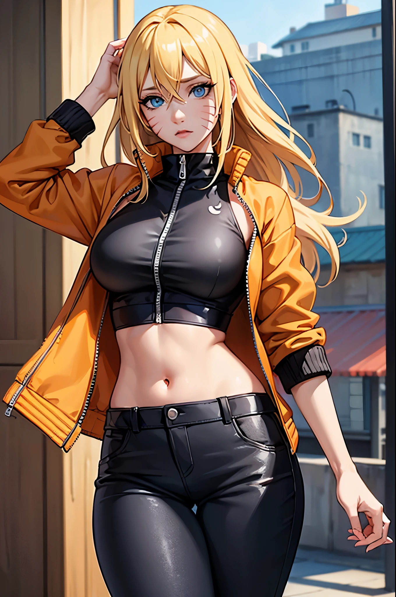 (masterpiece, best quality:1.2), expressive eyes, perfect face, highres, 1girl, solo, (female:1.5), NarukoUzumaki, blue eyes, blonde hair, long hair, facial mark, whisker markings, short hair, long sleeves, jacket, opened jacket, (naruto outfit), midriff, orange-black jacket, mesh shirt, pants, black pants, standing, upper body, looking at the viewer