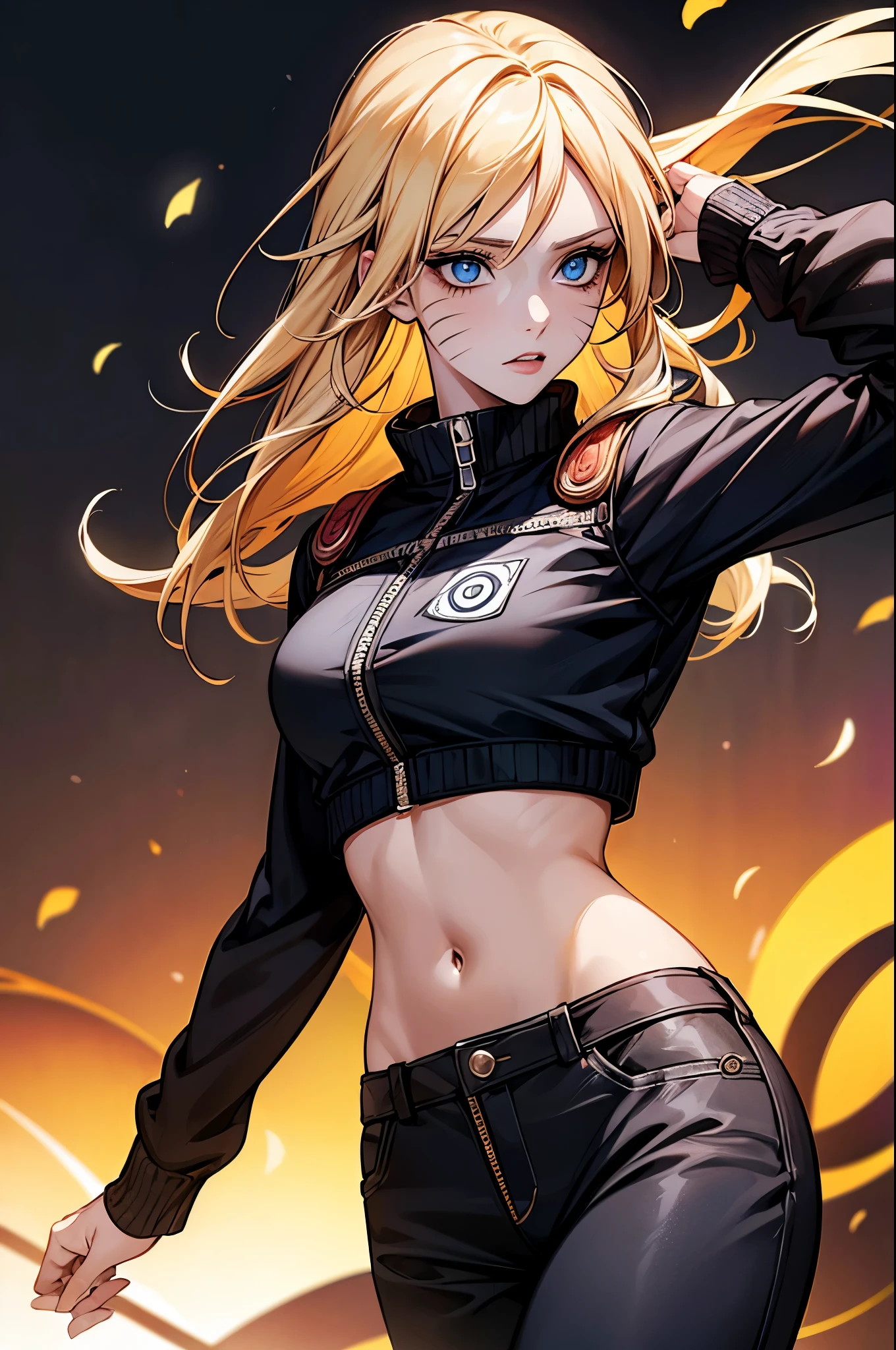 (masterpiece, best quality:1.2), expressive eyes, perfect face, highres, 1girl, solo, (female:1.5), NarukoUzumaki, blue eyes, blonde hair, long hair, facial mark, whisker markings, short hair, long sleeves, jacket, opened jacket, (naruto outfit), midriff, orange-black jacket, meshes outfit, pants, black pants, standing, upper body, looking at the viewer