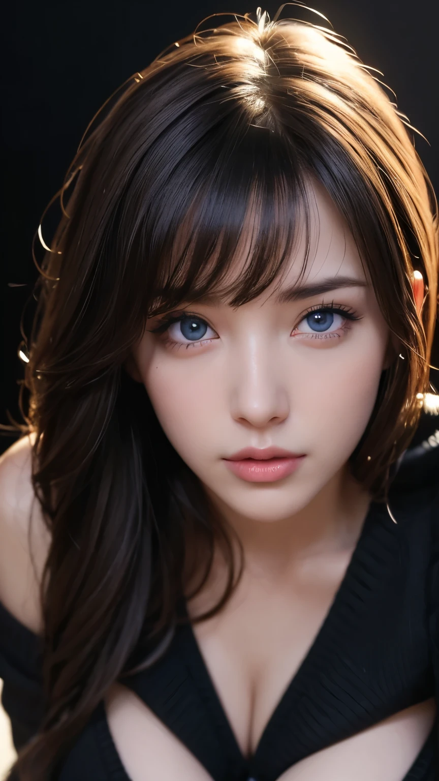 masterpiece, best quality, ultra-detailed, intricately detailed hyperdetailed, realistic, sharp features, highly detailed, sharp focus, perfect face, perfect face, perfect symmetrically perfect eyes, perfect full lips, flexible female form, cinematic, film light, hyper detailed, hyper realistic, high resolution, vibrant, dynamic studio lighting, nsfw, ((Dark background)), Sexy face, Facial expressions when receiving pleasure, straight Bangs, Big breasts, Exposed cleavage, blue Eyes,black sweater, cowboy shot, 