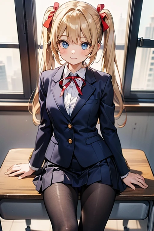 ((highest quality)), ((masterpiece)), (detailed), Anime 2D Rendering, Realistic young anime woman, Perfect Face, high school student、Beautiful girl、Baby Face、Slanted Eyes、blue eyes、Blonde、Twin tails with red ribbon、smile、Thighs、Outstanding style、nice buddy、glamorous、blazer 、Black Pantyhose、loafers、classroom、sitting on desk、A view from a little above、The whole body is visible