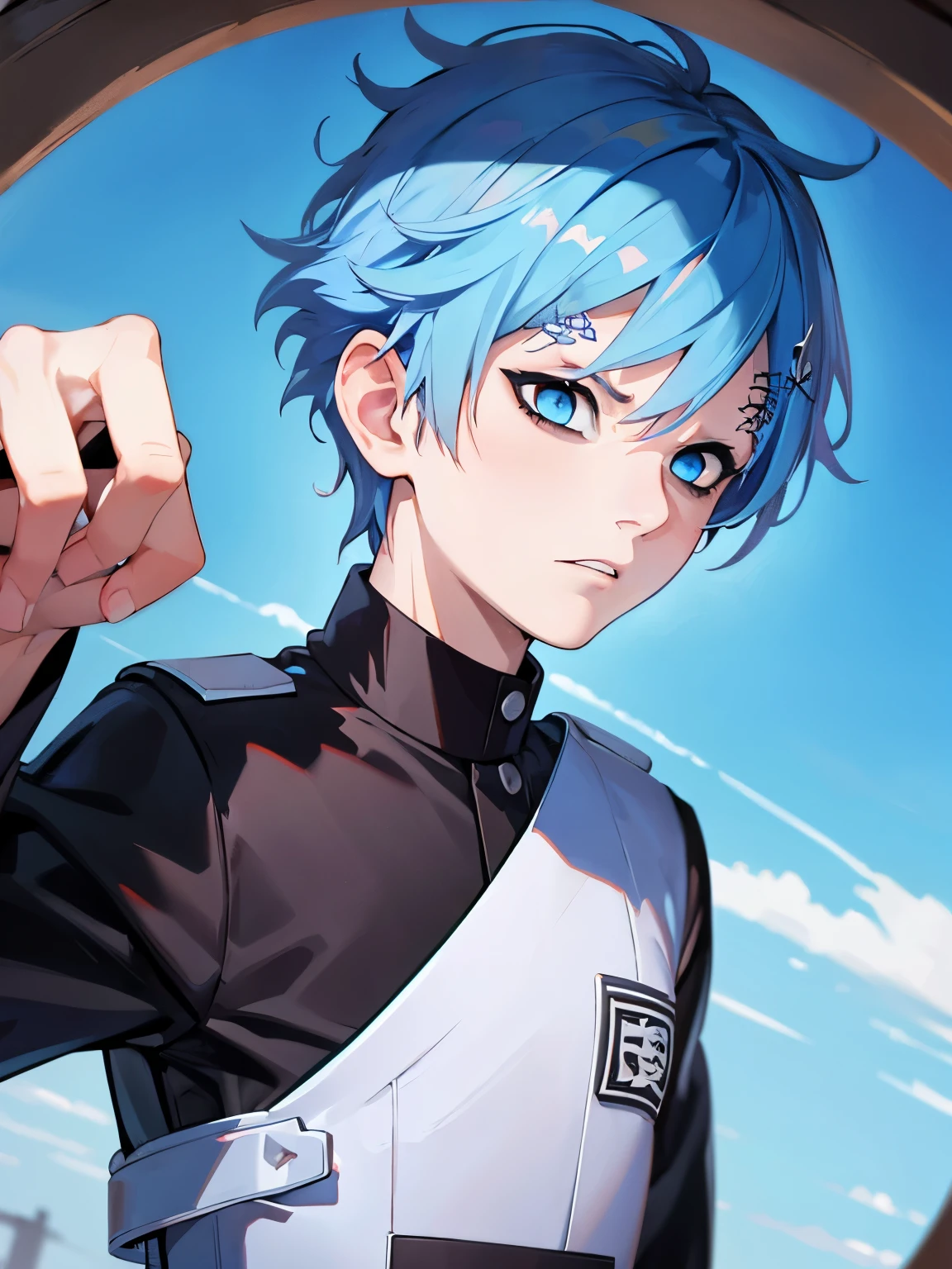 1boy, 5 , angry expression,two block hairstyle, visible teeth, blue eyes, blue hair, prison uniform, ultra detail, ultra HD, half body