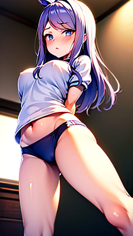 blue eyes,(masterpiece, best quality, ultra high res, 8k, perfect anatomy, extremely detailed),game cg,((from below)),((arms behind back)),nipples
BREAK
(blue panties),navy blue buruma,(((photo of 1 cute girl))), (gym uniform, blue buruma, white shirt, short sleeves, thighs:1.3), (medium breasts),cute young,clear eyes,glowing eyes,baby face,curvy,huge breasts,
BREAK
(front view:1.2), (embarrassed, blush:1.3), (arms behind back:1.2), (indoors),(navel out),arms behind back,beautiful legs,
BREAK
perfect arms, perfect hand, perfect finger, perfect legs, 