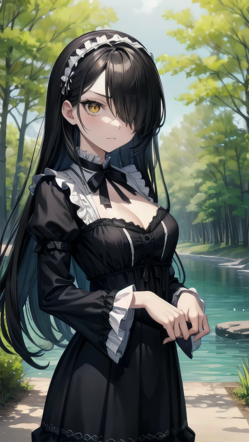 (masterpiece), best quality, expressive eyes, perfect face, lolita fashion, gothic lolita, mature female, medium breasts, Cleavage, long hair, (hair over one eye), very long hair, straight hair, black hair BREAK yellow eye BREAK black dress, black thighhighs BREAK glaring, :/, standing, birch tree, birch forest, lake, grass, landscape,  
