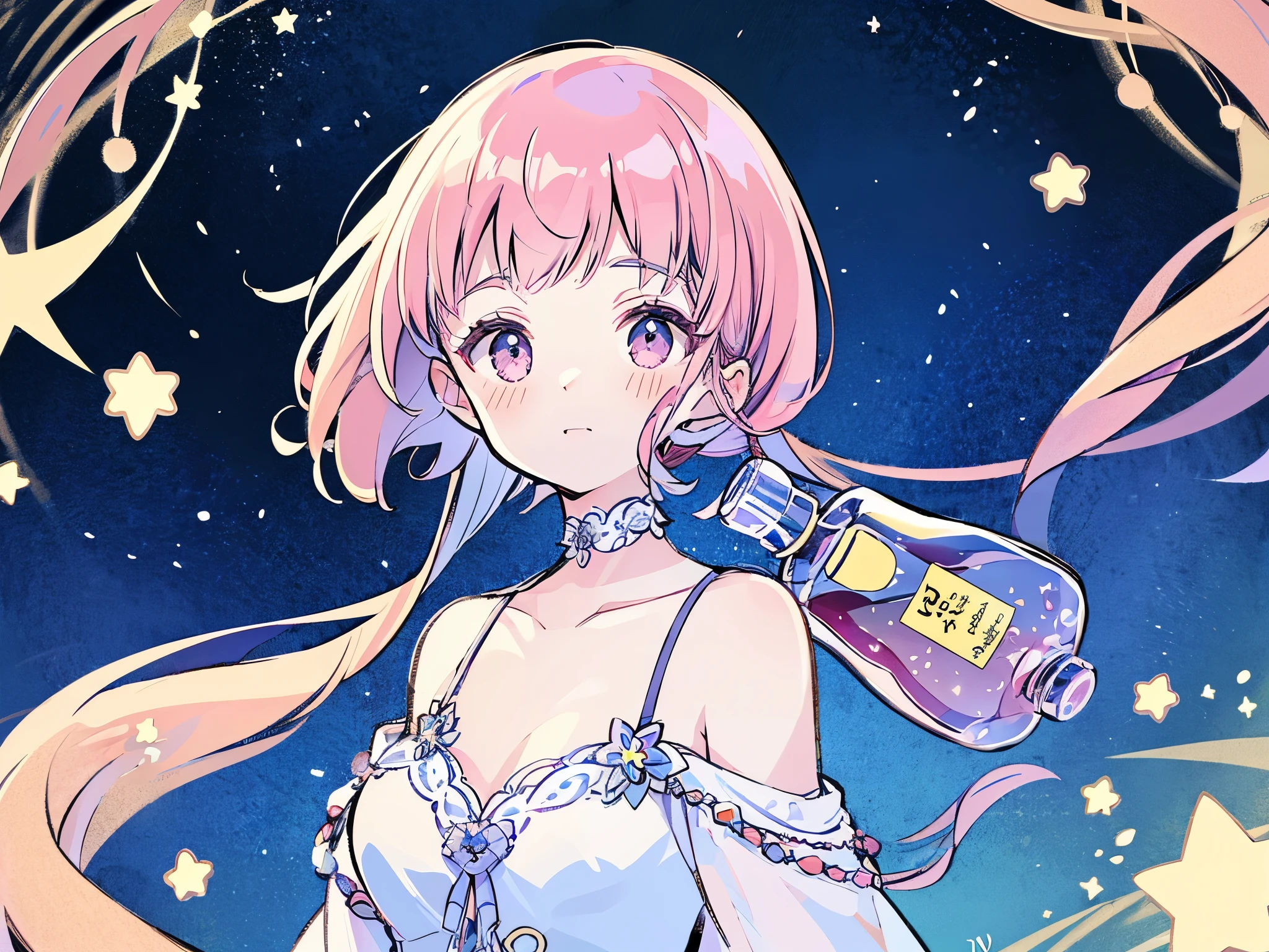 complex background, wishing star background, woman inside of the bottle wearing a ethereal mystical pink traslucent dress that reflects the stars , perfume promo art, mystic,complex drawing, highly detailed, Covergirl brand, promo art,a woman inside of a perfume bottle. artistic rendition, ethereal, starry night, midjourney style