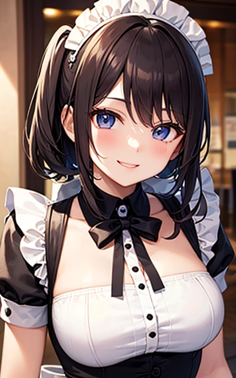 beautiful girl、Maid Cafe、Maid clothes、Upper body is shown、Dazzling smile、