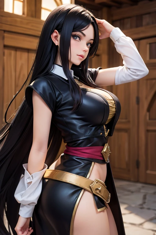 Fantasy Thief Italian girl 25 years old, very long black hair, dressed as a medieval fantasy thief