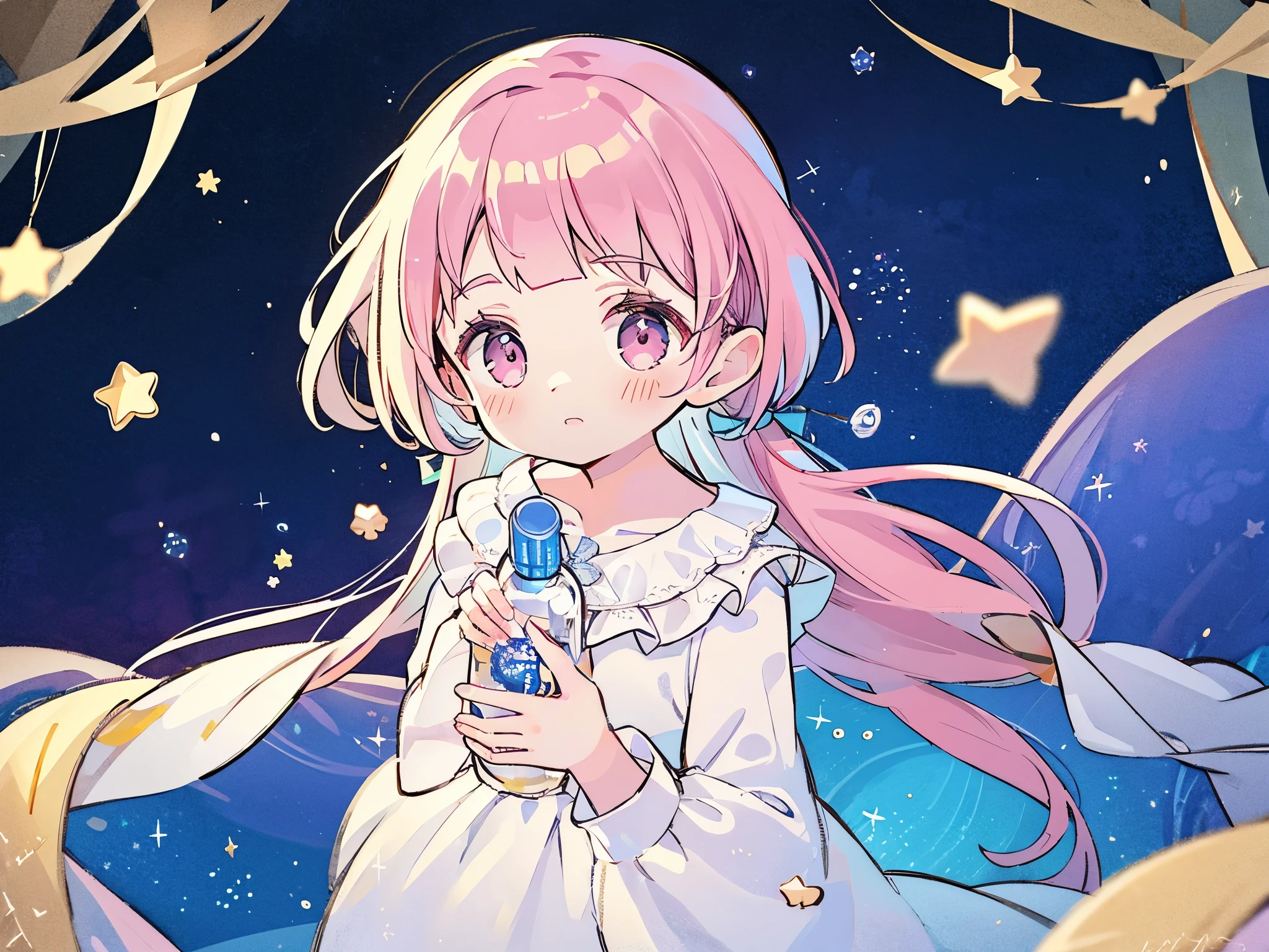 complex background, wishing star background, woman inside of the bottle wearing a ethereal mystical pink traslucent dress that reflects the stars , perfume promo art, mystic,complex drawing, highly detailed, Covergirl brand, promo art,a woman inside of a perfume bottle. artistic rendition, ethereal, starry night, midjourney style