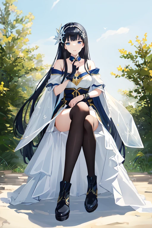 nsfw、、1 girl、Black Hair、Long Hair、solo、Straight bangs、Snowflake Hair Ornament、Yellow x Hair Accessory、Iris、blue eyes、Off the shoulder、、Semi-transparent sparkling overlay、、Black footwear、boots、Outdoor、Day、Exquisite visuals、High Definition、masterpiece、highest quality、Exquisite visuals、High Definition、masterpiece、highest quality、18-year-old、young woman、Beautiful fingers、Beautiful long legs、Beautiful body、Beautiful character design、
