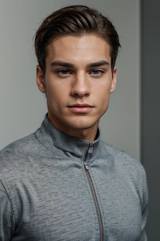 Create a hyper-realistic, cinema-quality 4k image of a young man. His almond-shaped blue eyes are expressive and somewhat prominent. His nose is medium-sized, straight and well-proportioned that adapts to his face. Straight and well-defined eyebrows. His lips are thin but well formed. The oval face with a defined jaw but not too angular. With a slightly pointed chin that complements his defined jaw. With tanned and smooth skin, with few imperfections. He wears gray casual pants with a zipper.