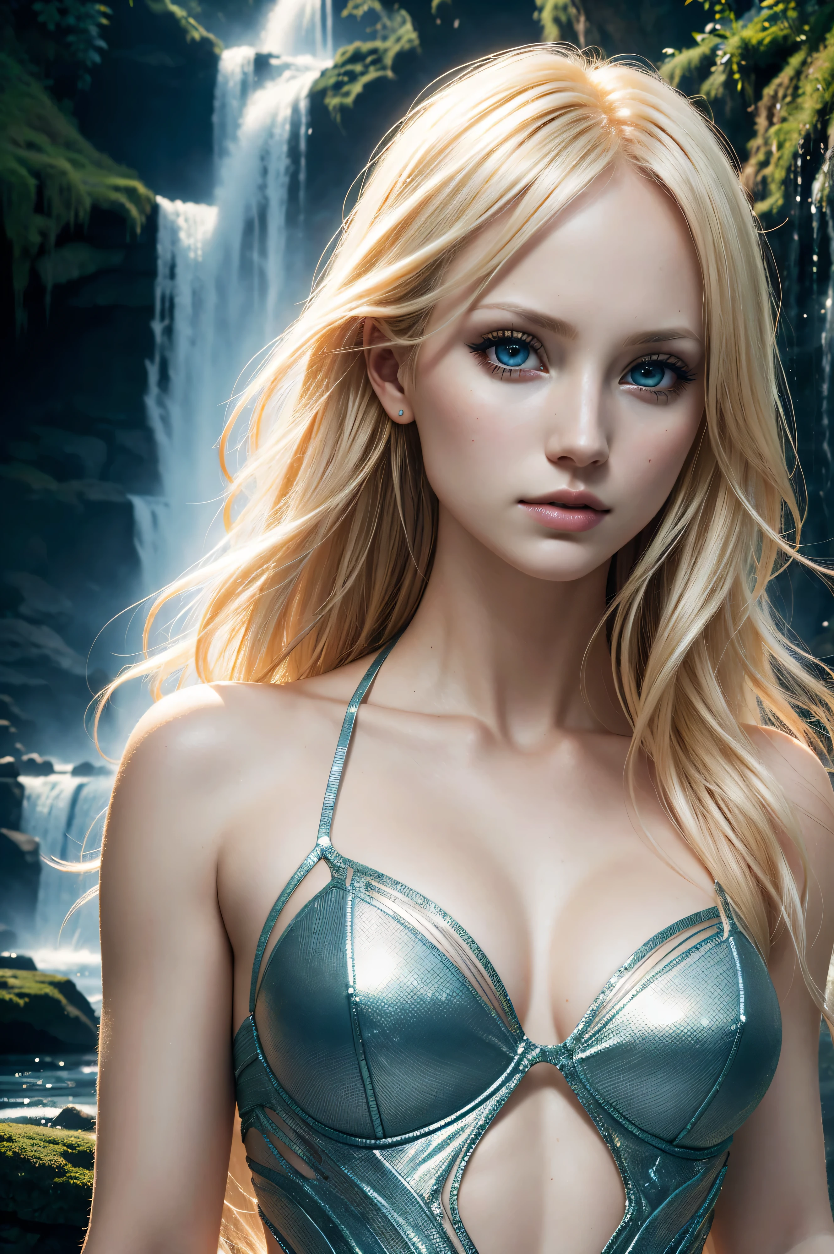 Candice Accola, wearing siren costume transparent. professionally retouched, soft lighting, realistic, smooth face, perfect eyes, sharp focus on eyes, 8 k, high definition, insanely detailed, intricate, elegant. against the background of a waterfall.