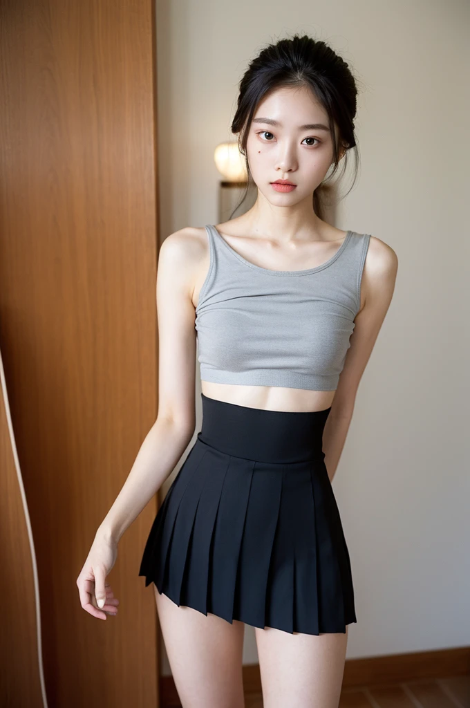 (Highly detailed body,Highly detailed face,Best quality at best:1.2) ,very beautiful Korean young girl,20 years old girl, skinny slim body,(slim arms, legs and thighs, visible to see her ribs), she has tight round perfect breast and tight round butt,A woman with,looki at viewer,(wearing very tight Black bandeau,Pleated skirt)(1 in the room background.2),(Put your hands back:1.2)
