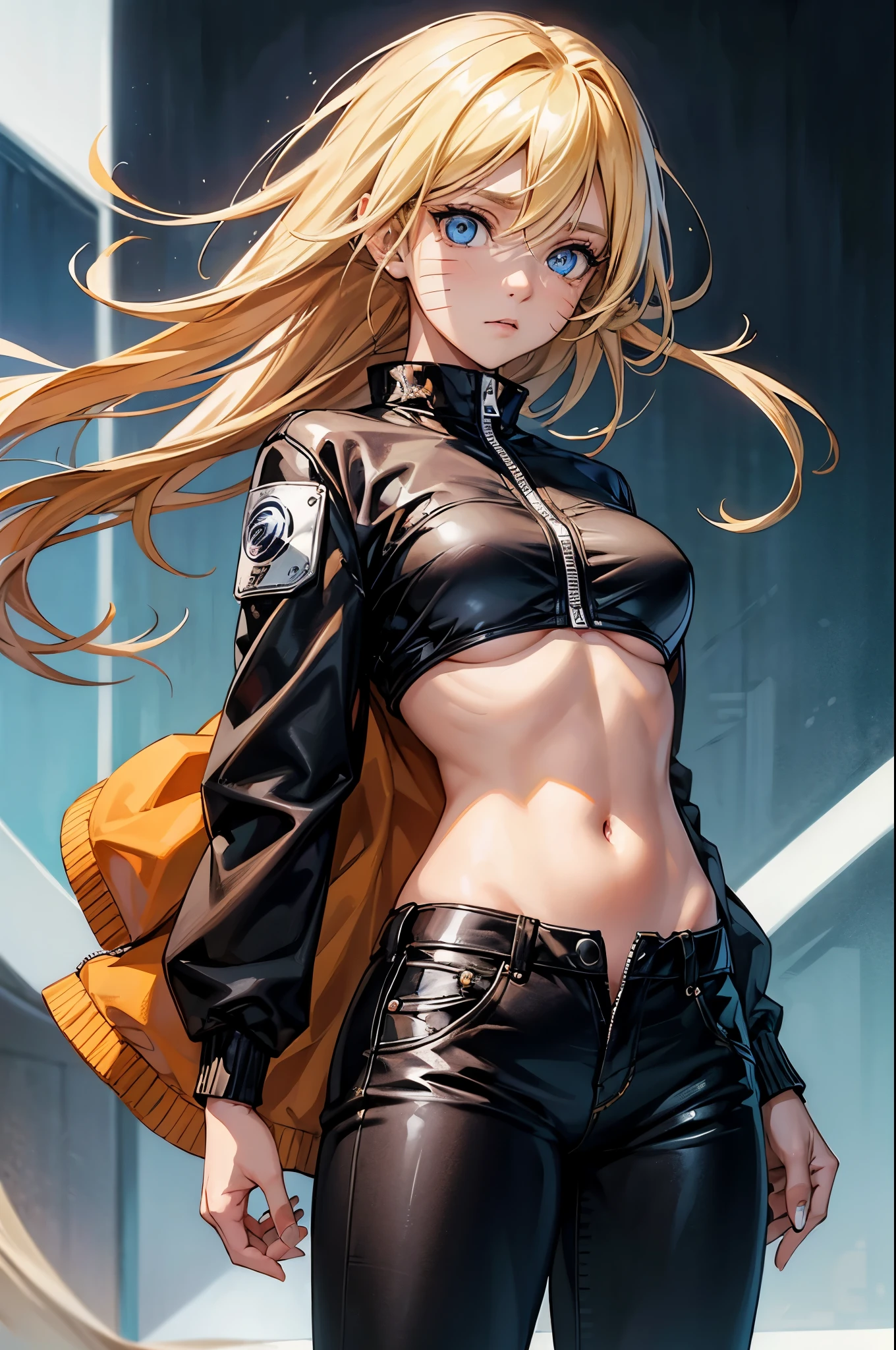 (masterpiece, best quality:1.2), expressive eyes, perfect face, highres, 1girl, solo, (female:1.5), NarukoUzumaki, blue eyes, blonde hair, long hair, facial mark, whisker markings, short hair, long sleeves, jacket, opened jacket, (naruto outfit), midriff, orange-black jacket, mesh shirt, pants, black pants, standing, upper body, looking at the viewer