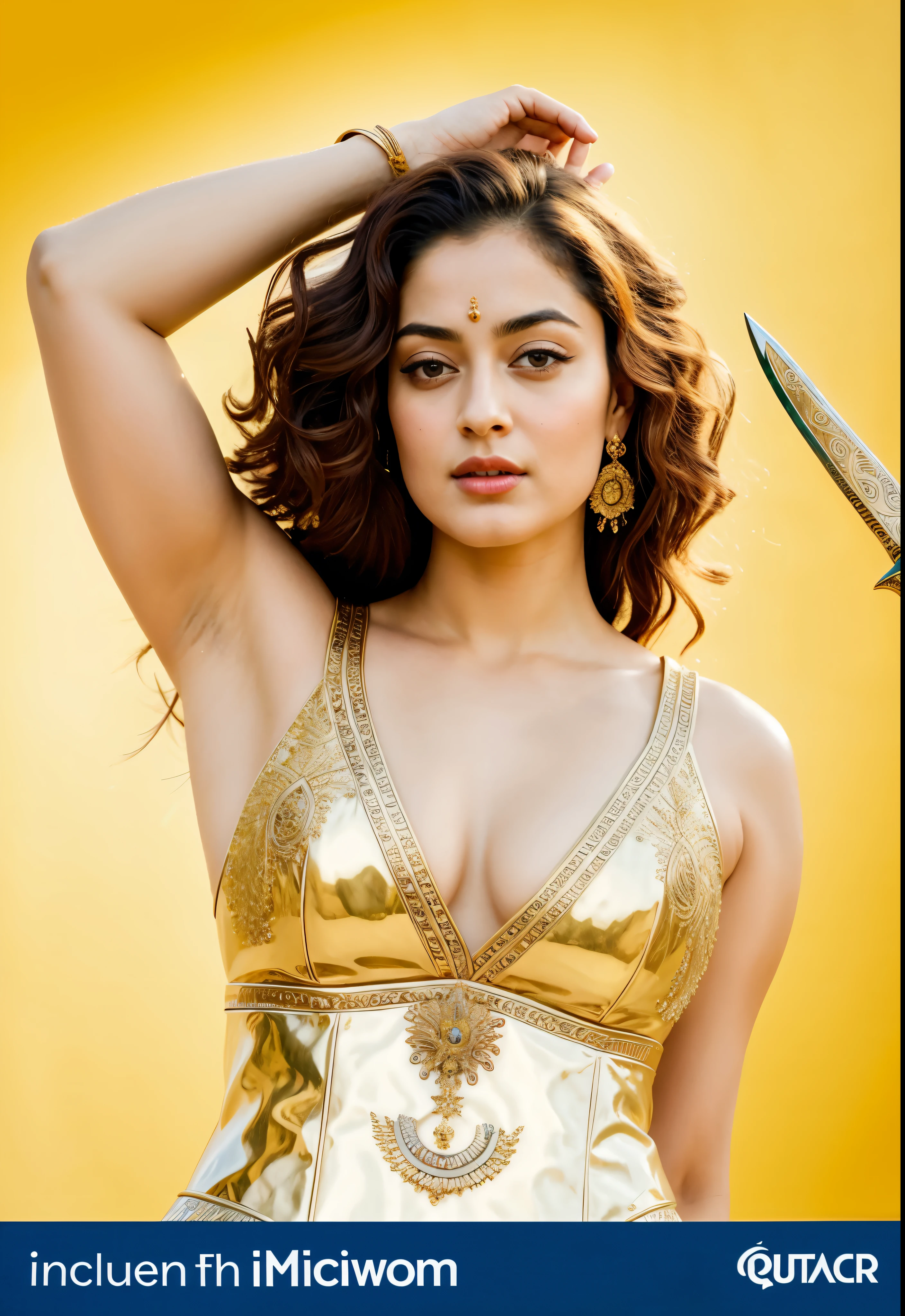 Looks like Sandeepa Dhar, "Design an illustration of a stunning and powerful warrior queen with a regal presence. She should possess a combination of strength and grace. Imagine her in ornate, yet practical armor that complements her figure. The armor should be adorned with intricate details and symbols representing her royal lineage and warrior prowess. Her weapon of choice could be a unique and elegant sword or a mythical weapon that reflects her status as a formidable leader.

Her facial features should exude confidence and determination, with piercing eyes that convey both fierceness and wisdom. The queen's hair, whether long or short, should flow dynamically, hinting at her movement in battle. Consider incorporating elements that emphasize her connection to nature or a mythical realm, such as ethereal backgrounds, symbolic animals, or mystical symbols.

Pay attention to the color palette; use rich, bold colors that enhance her royal aura. Experiment with lighting to highlight specific details and create a sense of drama. Ensure that her posture and expression capture the essence of a queen who commands respect and admiration. Feel free to draw inspiration from historical warrior queens or fictional characters, blending elements to create a unique and captivating image."