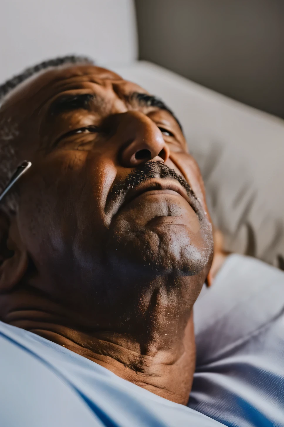 An old man in a hospital bed looking up