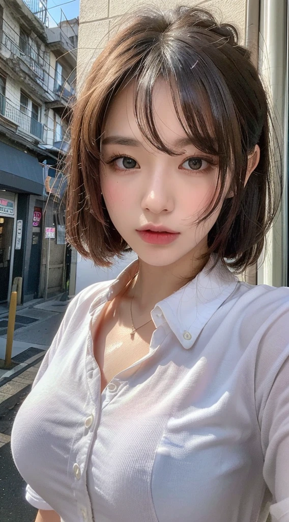 ((Best Quality, 8K, Masterpiece: 1.3)), Sharp: 1.2, Perfect Body Beauty: 1.4, Slim Abs: 1.2, ((Layered Hairstyle, Big Breasts: 1.2)), (Wet White Button Long Shirt: 1.1), (Rain, Street: 1.2), Wet: 1.5, Highly detailed face and skin texture, detailed eyes, double eyelids, side face looking at the camera
