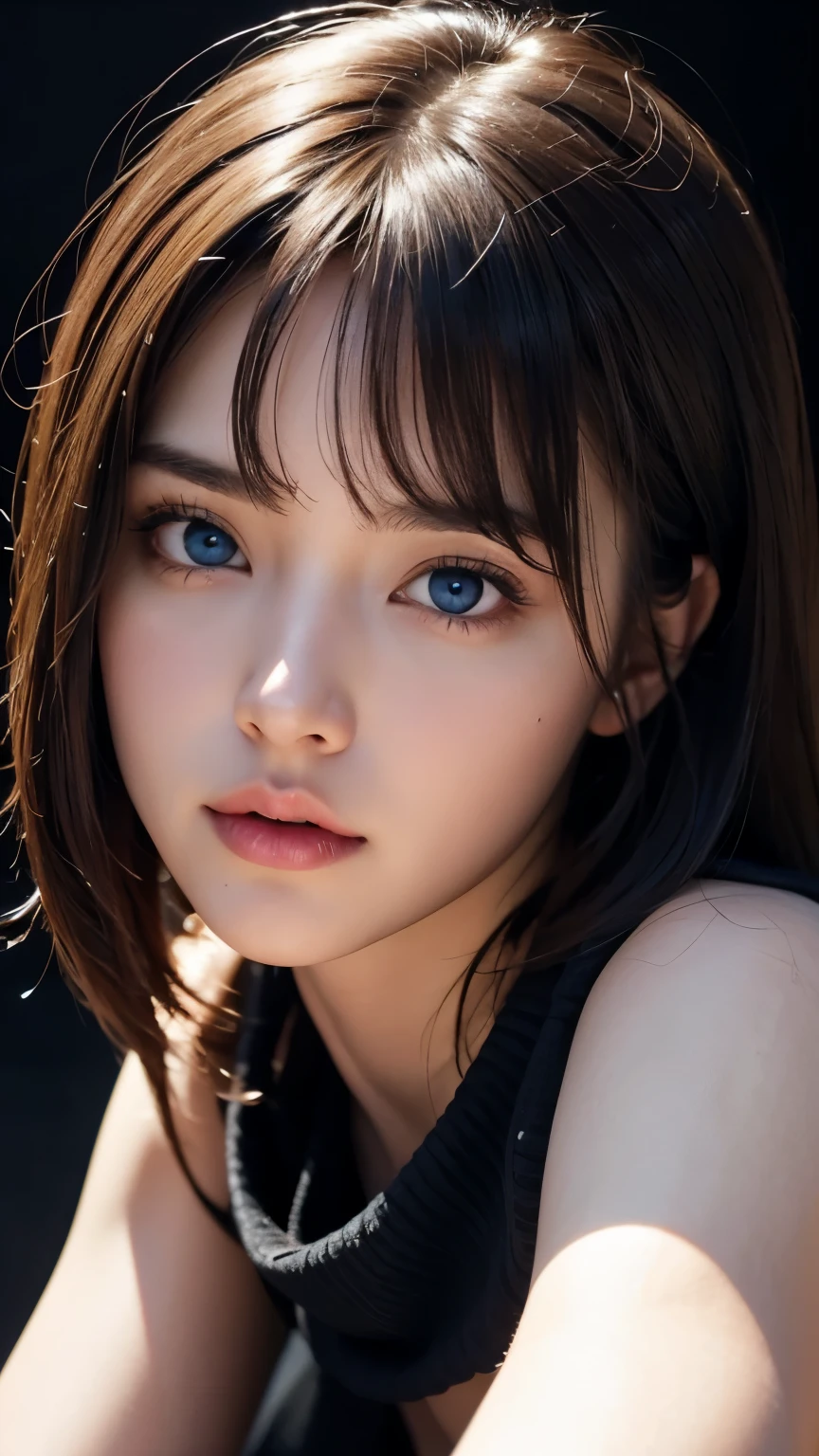 masterpiece, best quality, ultra-detailed, intricately detailed hyperdetailed, realistic, sharp features, highly detailed, sharp focus, perfect face, perfect face, perfect symmetrically perfect eyes, perfect full lips, flexible female form, cinematic, film light, hyper detailed, hyper realistic, high resolution, vibrant, dynamic studio lighting, nsfw, ((Dark background)), Sexy face, Facial expressions when receiving pleasure, straight Bangs, Big breasts, Exposed cleavage, blue Eyes,black sweater, cowboy shot, 