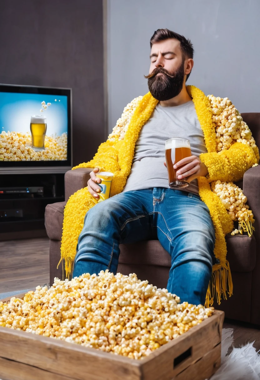 a lazy man with a beard made of pop corn and drinking beer in front of the tv. Messy flat