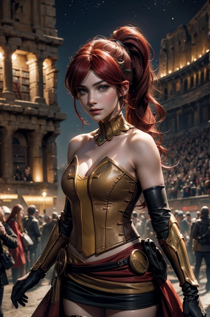 stunning girlfriend, heart shaped face, elegant face, beautiful face, highly detailed face, highly detailed skin, skin pores, subsurface scattering, realistic pupils, full lips, detailed background, depth of field, atmospheric perspective, volumetric lighting, sharp focus, absurdres, realistic proportions, good anatomy, (realistic, hyperrealistic:1.4), 16k hdr, ((best quality)), ((highly detailed)), absurdres, (detailed eyes, deep eyes), (1girl), full body, pyrrha nikos, rwby, red hair, ponytail, green eyes, medium breasts, smiling, circlet, bustier, bare shoulders, skirt, elbow gloves, bracers, armored boots, (night, stars, inside colosseum, library, crowd, (crowd wearing traditional Greek clothing))