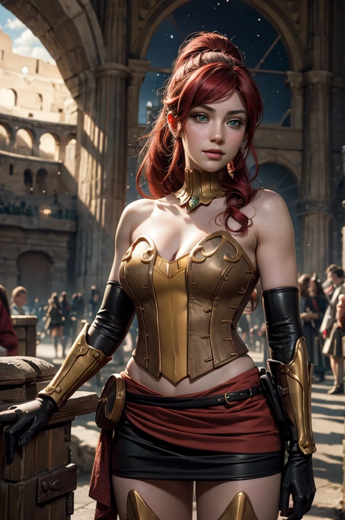 stunning girlfriend, heart shaped face, elegant face, beautiful face, highly detailed face, highly detailed skin, skin pores, subsurface scattering, realistic pupils, full lips, detailed background, depth of field, atmospheric perspective, volumetric lighting, sharp focus, absurdres, realistic proportions, good anatomy, (realistic, hyperrealistic:1.4), 16k hdr, ((best quality)), ((highly detailed)), absurdres, (detailed eyes, deep eyes), (1girl), full body, pyrrha nikos, rwby, red hair, ponytail, green eyes, medium breasts, smiling, circlet, bustier, bare shoulders, skirt, elbow gloves, bracers, armored boots, (night, stars, inside colosseum, library, crowd, (crowd wearing traditional Greek clothing))
