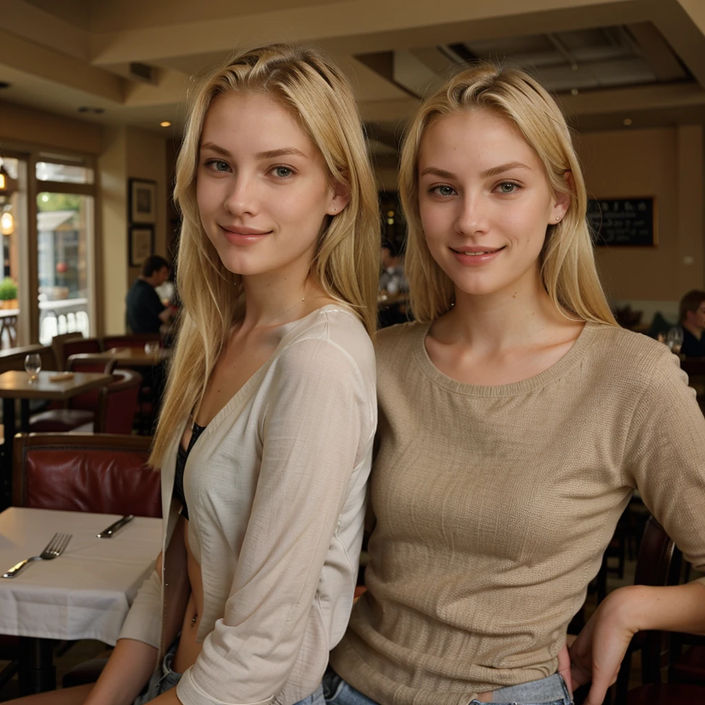 Pretty blonde dressed 18 years old at restaurant