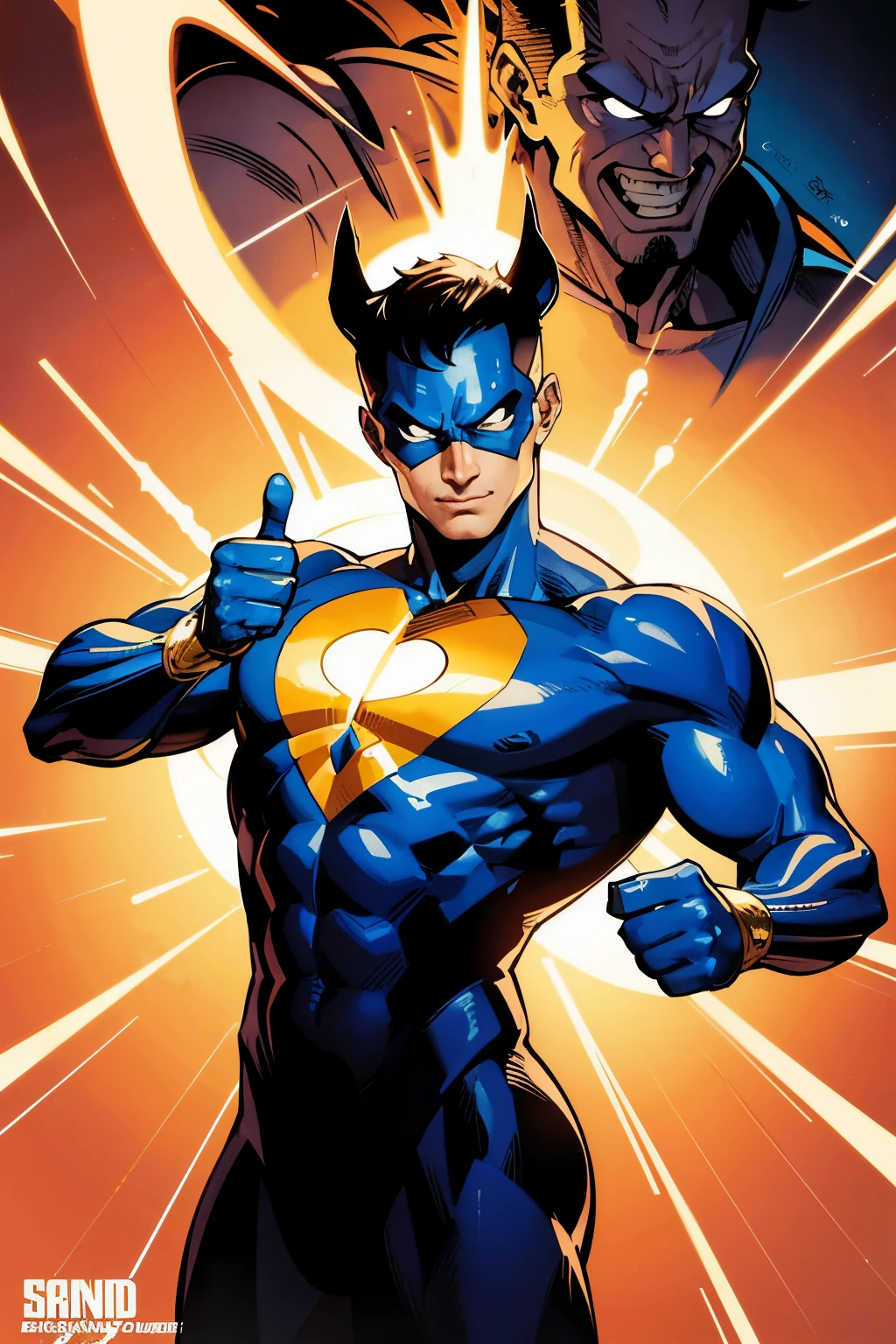 In the realm of comic book art, there exists a captivating character, radiating a sense of joviality and positivity. Clad in a vibrant costume of light gold and navy hues, this iconic figure holds up a thumbs-up display, inviting warmth and encouragement. The art style echoes the distinct brushstrokes of Rob Liefeld, a master of dynamic framing and character design.
His face, a true marvel, boasts a Solarizing Master's touch – bright and bold, it illuminates the page. The character's nose, a notable feature, transcends typical comic book aesthetics, aligning more closely with the intricately carved