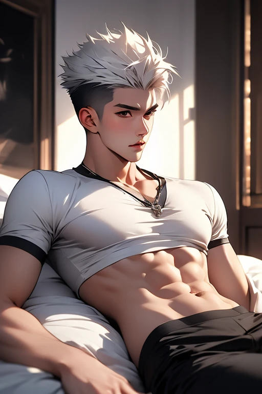 a naked demon boy , white hair , sexly , The cleavage is very attractive , Naked,Only white thongs were worn， sweat , big , big bulge , spread legs , Looking from the bottom up , 