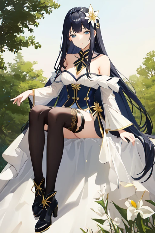 nsfw、、Day本のプリンセス、Black Hair、Long Hair、solo、Straight bangs、Snowflake Hair Ornament、Yellow x Hair Accessory、Iris、blue eyes、Off the shoulder、、Semi-transparent sparkling overlay、、Black footwear、boots、Outdoor、Day、Exquisite visuals、High Definition、masterpiece、highest quality、Exquisite visuals、High Definition、masterpiece、highest quality、18-year-old、young woman、Beautiful fingers、Beautiful long legs、Beautiful body、Beautiful character design、
