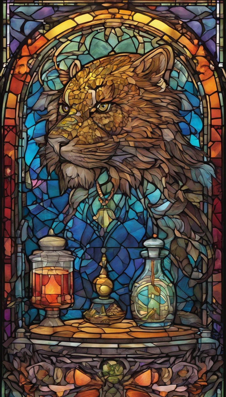 Anthropomorphic black furred jaguar,alchemist,laboratory,flasks,vials,glass containers,smoke-filled room,mysterious aura,enchanted atmosphere,magical potions,