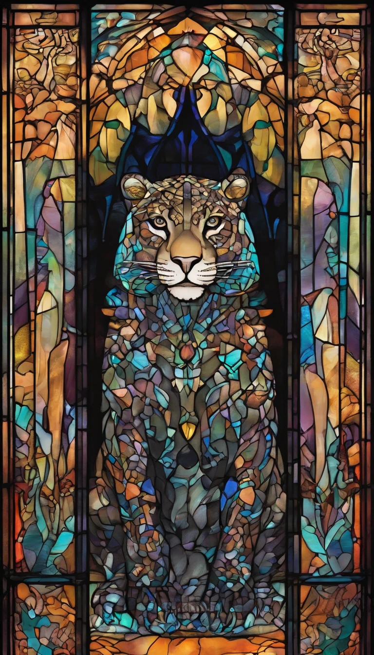 Anthropomorphic black furred jaguar,alchemist,laboratory,flasks,vials,glass containers,smoke-filled room,mysterious aura,enchanted atmosphere,magical potions,