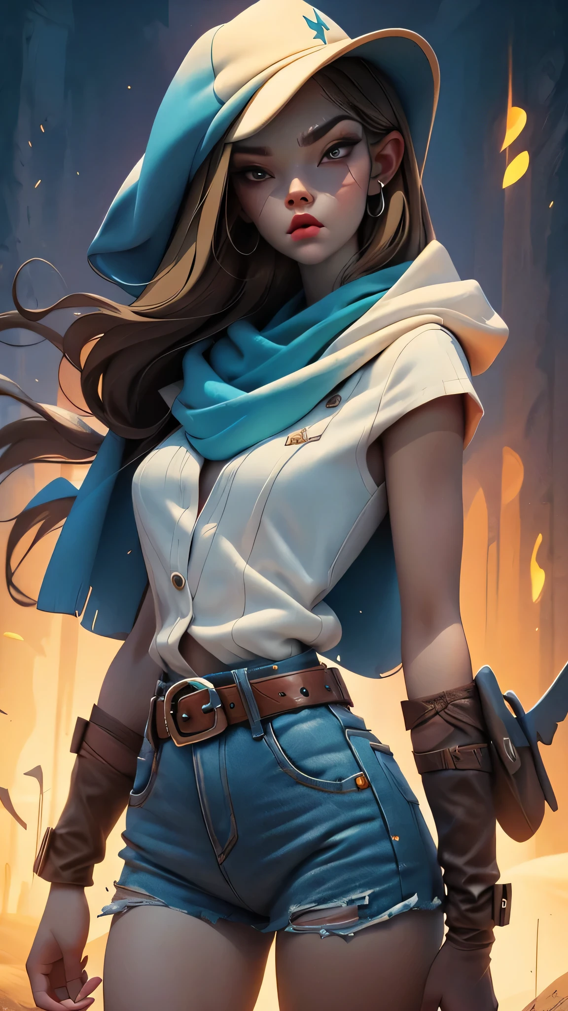 la mejor calidad posible, 8K Ultra Resolution, Stunning illustration, Lo mejor de todo, premiado, como ser el mejor, Cowboy hat Leather belt with buckle, armas en cada mano, Action pose Adds effect at the end., Chaqueta de cuero rosado, scarf neck length, Gafas de sol de color rosado:1.3, pantalones jeans claro rotos y desflecados, ((rosado, cian, Brown, verdes ,colores blancos: 1.5)), epic desert setting: 1.5, fotorrealista: 1.4, Textura de la piel: 1.4, super masterpiece, super detailed, hiper detallada, 32K