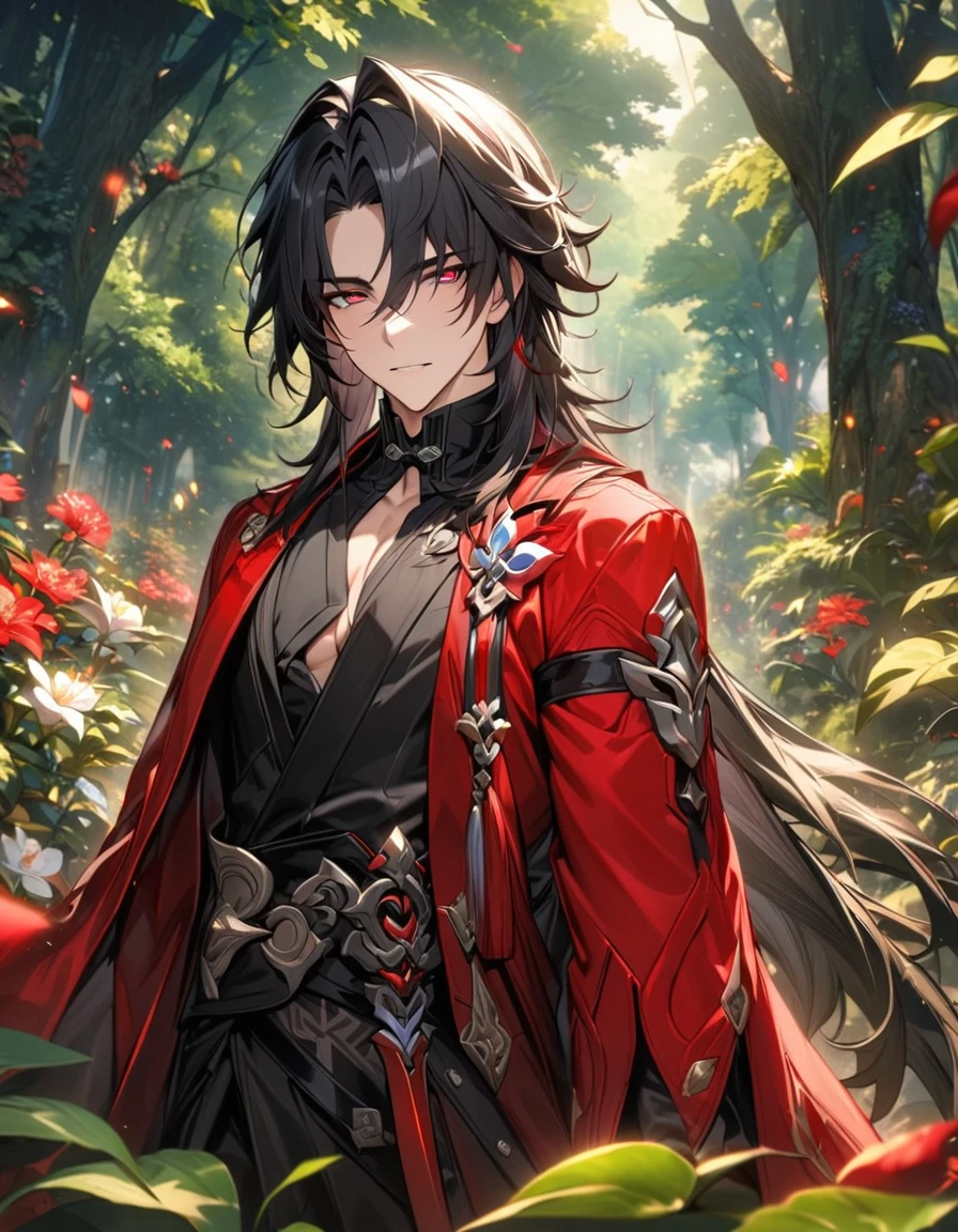 absurdres, highres, ultra detailed, HDR, master piece, best quality, Blade, black long hair, expressive crimson eyes, 1 adult man, extremely handsome, black kimono, red haori, Honkai star rail, extremely detailed face and eyes, magical forest, green leaves, flowers, trees