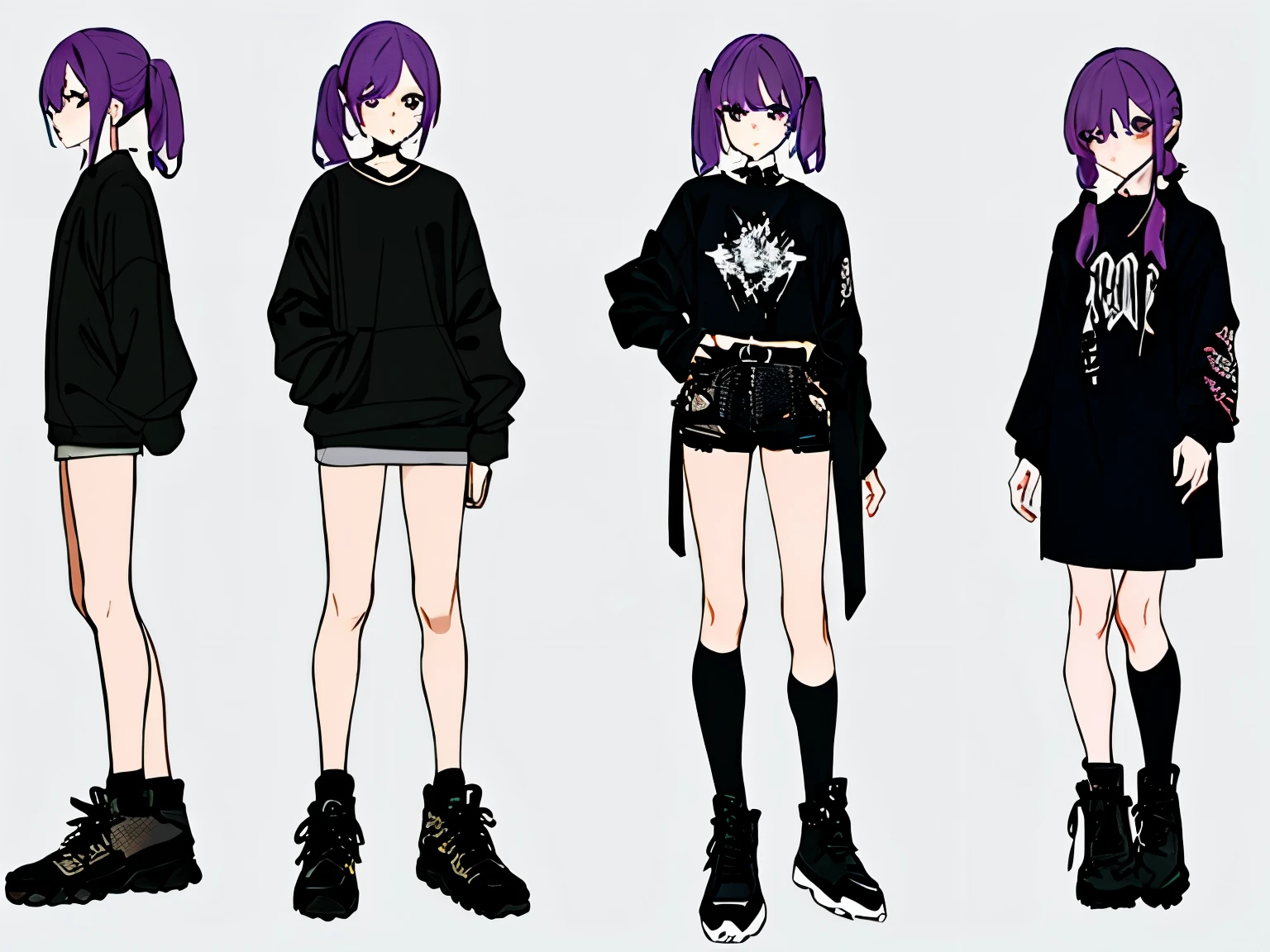 a drawing of a young girl with Intense lilac hair and black clothes, fullbody photo:1.5, single character full body, full body character,  -old anigoth girl, dressed in punk clothing, witchcore clothes, style anime, hip emo fashion, goth punk clothes, neo goth, wearing cyberpunk streetwear, mall goth, dressed in crustpunk clothing, goth style, gloomy style, black streetwear, anime character, Perfect anatomy, perfect hands, super detailed, White background, High double pigtails, 
