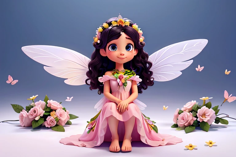 PIXAR DISNEY STYLE, WHITE BACKGROUND, FAIRY INSPIRED BY NATURE, SWEET, ANGELICAL CREATURE, LARGE COLORFUL WINGS, ELF EARS, LONG BLACK CURLY HAIR DECORATED WITH BEAUTIFUL FLOWERS GIVING A ROMANTIC AIR, PINK DRESS WITH SHOULDERS AND CLAVICLE SHOWING FLOWERS ADDING ALL DRESSED, BAREFEET, NO SCENE, WHITE BACKGROUND 4K