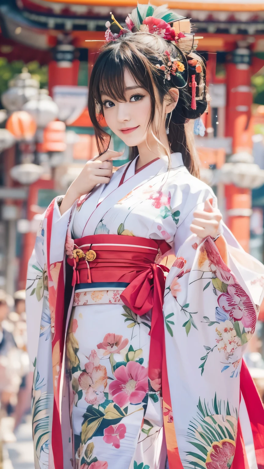 (highest quality、8k、Masseter muscle area、Delicate illustrations、Whole Body Ezbian)、Young and beautiful Japan priestess、shiny very long black hair（Tie at the back）,Plump body（Huge boobs）, （（White kimono、Red too）1.2）、A gentle smile、Dancing at the shrine of Japan