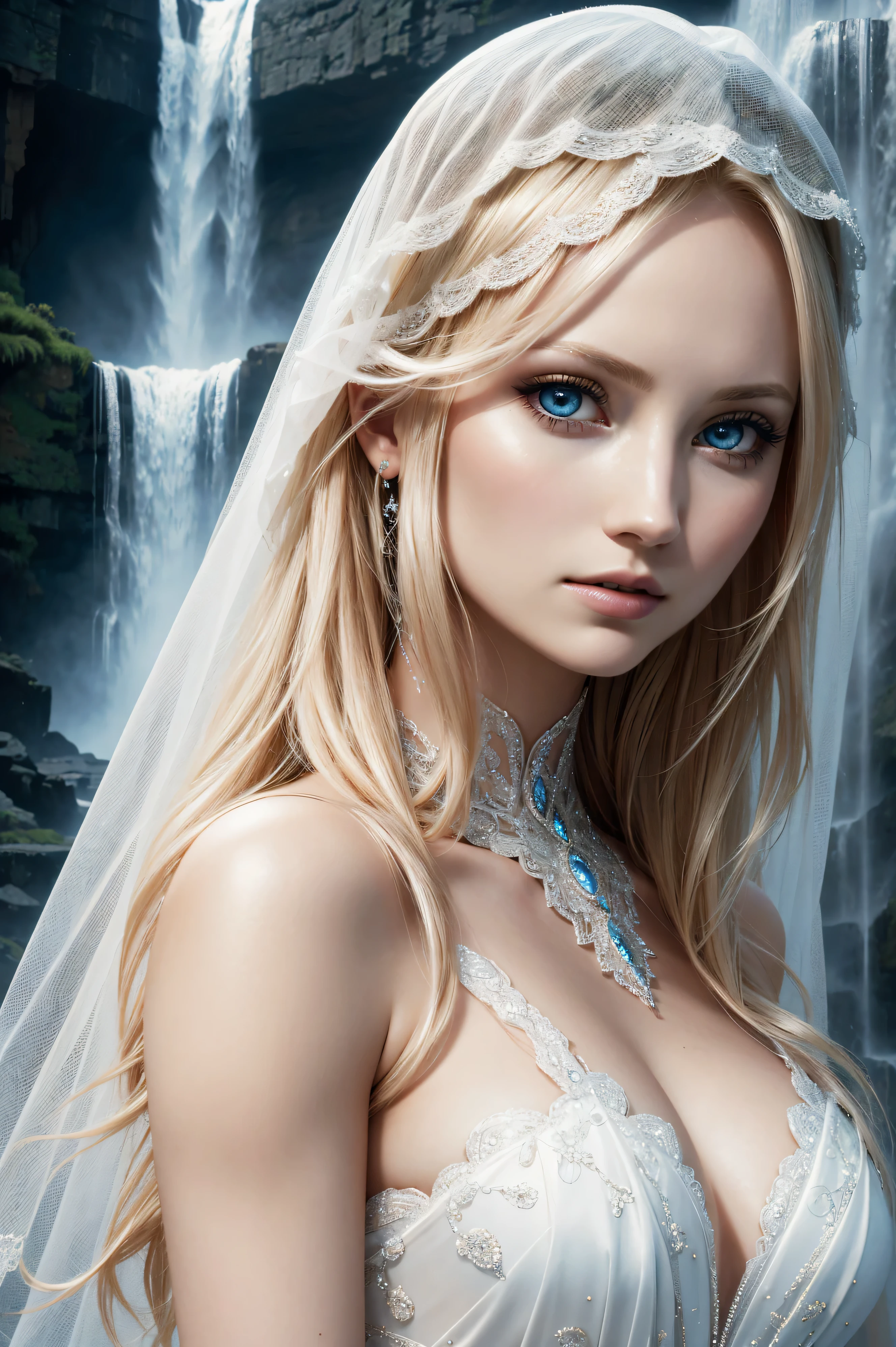 Candice Accola, wearing veil bride costume transparent. professionally retouched, soft lighting, realistic, smooth face, perfect eyes, sharp focus on eyes, 8 k, high definition, insanely detailed, intricate, elegant. against the background of a waterfall.