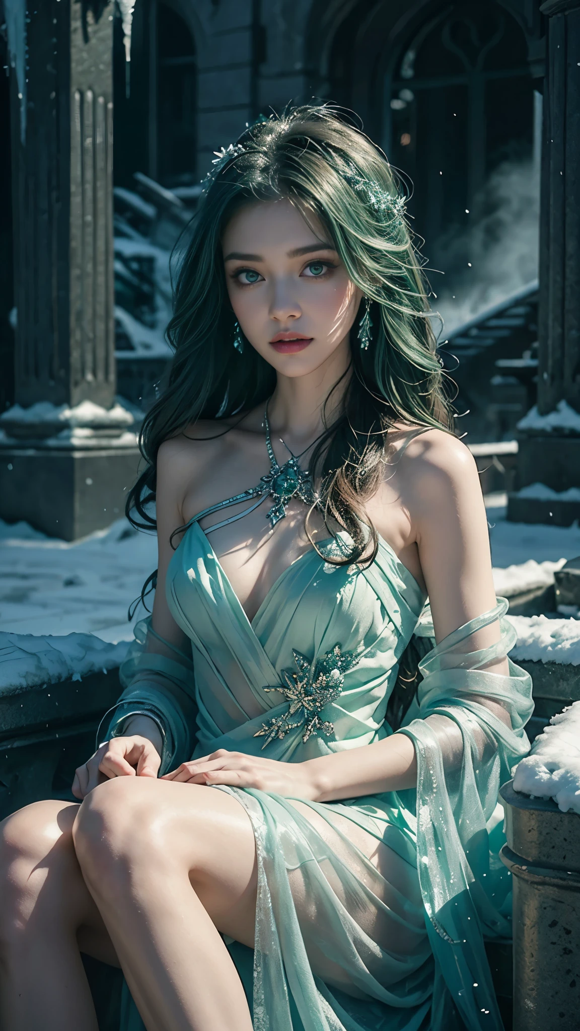 a beautiful ice goddess, good face, very long hair, realistic eyes, small breasts, ice magician, ice elemental, intricate design and details, chilling mist, cold, blizzard storm, conjuring ice spell, casting ice spell, fantasy dress, (green dress:1.5), strap:1.5,, bare waist, realistic ice effect, snow particles, dark fantasy art style, ruined city, dramatic lighting, cinematic, sitting,