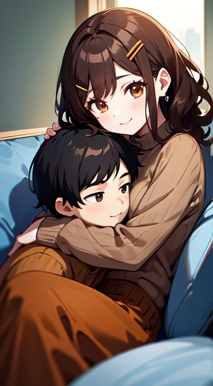 masterpiece, best quality, ultra detailed, 8k,2 people,(couple, 1little boy and 1elder girl:1.2), (hug:1.1), upper body,happy, sitting, sofa, BREAK solo,(tall,big female, medium breasts, young,20 years old, medium hair, wavy hair, brown hair, hairclip, light smile, brown sweater,) BREAK solo, , cute, black hair, the girl wearing tankini and a long skirt